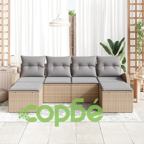 6-Части Градински Комплект от Полиестерен Ратан с Възглавници - Бежов ➤ топ цена ➤ sorbe.bg