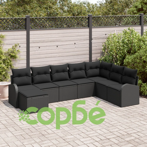 Модулен градински диван от 8 части с възглавници - Черен Поли Ратан ➤ топ цена ➤ sorbe.bg