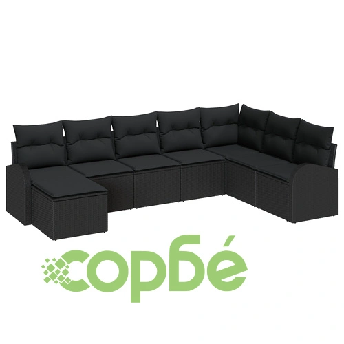 Модулен градински диван от 8 части с възглавници - Черен Поли Ратан ➤ топ цена ➤ sorbe.bg