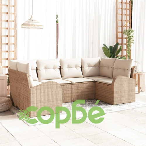 6 части комплект градински диван от полиратан в бежов цвят с възглавници ➤ топ цена ➤ sorbe.bg