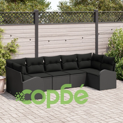 Градински Диван Комплект от 7 Части, Черен, Синтетичен Полиетилен ➤ топ цена ➤ sorbe.bg
