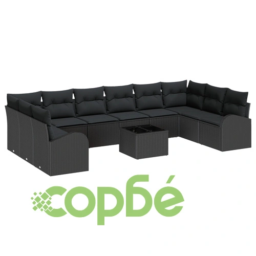 Луксозен градински комплект диван с възглавници от бежов полиратан - 11 части ➤ топ цена ➤ sorbe.bg