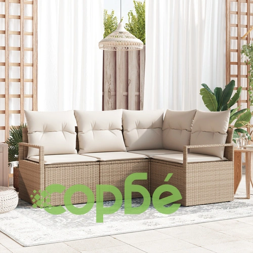 4 части градински диван комплект с възглавници от бежов полиратан ➤ топ цена ➤ sorbe.bg
