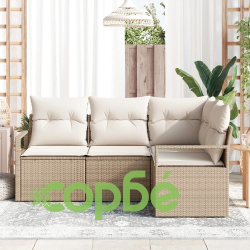 4 части градински диван комплект с възглавници от бежов полиратан ➤ топ цена ➤ sorbe.bg