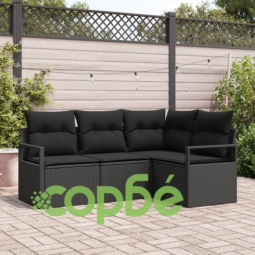 4-Частен комплект градински диван с възглавници от черен полиратан ➤ топ цена ➤ sorbe.bg