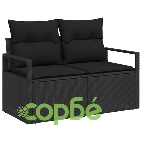4-Частен комплект градински диван с възглавници от черен полиратан ➤ топ цена ➤ sorbe.bg