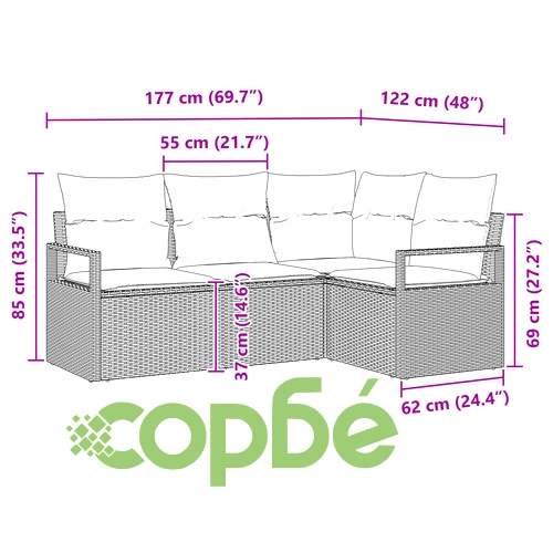 4-Частен комплект градински диван с възглавници от черен полиратан ➤ топ цена ➤ sorbe.bg