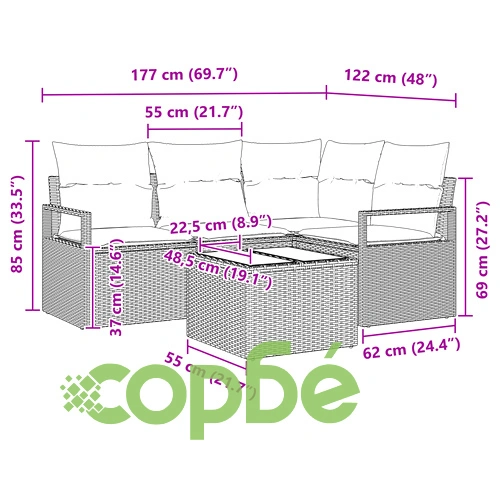 Комплект градински диван с възглавници, 5 части, полиратан в кафяво ➤ топ цена ➤ sorbe.bg