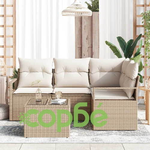 Комплект градински диван с възглавници, 5 части, полиратан в кафяво ➤ топ цена ➤ sorbe.bg