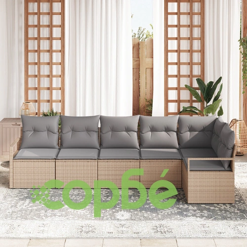 6-Часов Градински Диван от Полиратан с Възглавници, Бежов ➤ топ цена ➤ sorbe.bg