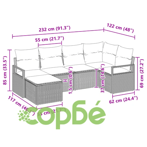 Комплект модулен градински диван от полиратан с възглавници, 6 части, Кафяв ➤ топ цена ➤ sorbe.bg