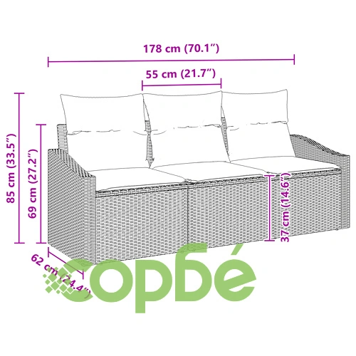 3-частов комплект градински дивани от сив полиратан с възглавници ➤ топ цена ➤ sorbe.bg