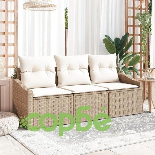 3-Членен Градински Диван Комплект от Поли Ратан с Възглавници, Бежов ➤ топ цена ➤ sorbe.bg