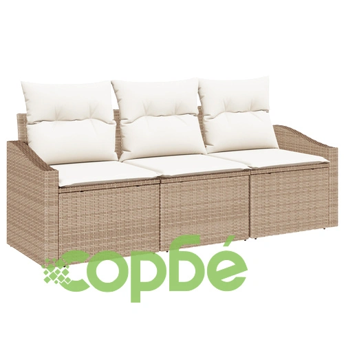 3-Членен Градински Диван Комплект от Поли Ратан с Възглавници, Бежов ➤ топ цена ➤ sorbe.bg