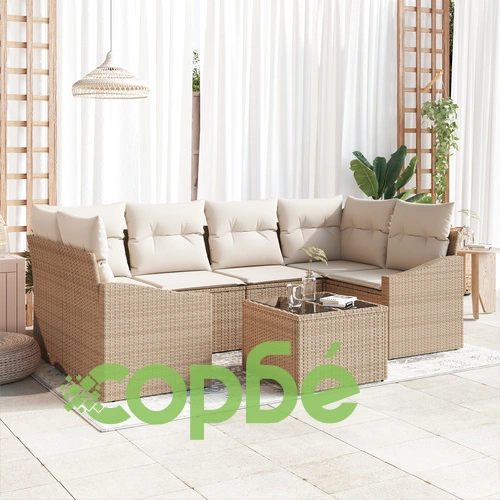 7-Частен Комплект Градински Диван с Възглавници от Полиратан, Бежов ➤ топ цена ➤ sorbe.bg