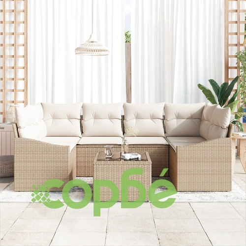 7-Частен Комплект Градински Диван с Възглавници от Полиратан, Бежов ➤ топ цена ➤ sorbe.bg