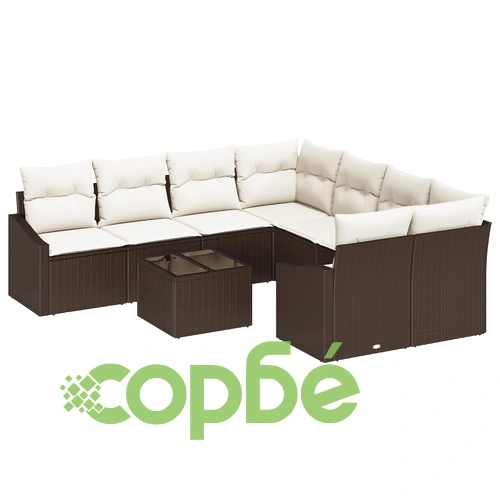 Комплект градински диван от полиратан в кафяво с възглавници - 9 части ➤ топ цена ➤ sorbe.bg