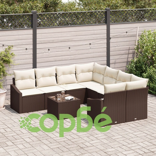 Комплект градински диван от полиратан в кафяво с възглавници - 9 части ➤ топ цена ➤ sorbe.bg