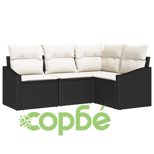 4-частен градински диван комплект от черен поли ратан с възглавници ➤ топ цена ➤ sorbe.bg