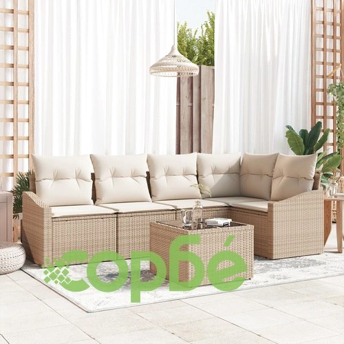 Градински комплект от 6 части - диван с възглавници от натурален ратан, бежов ➤ топ цена ➤ sorbe.bg