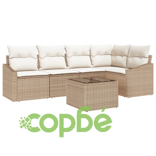 Градински комплект от 6 части - диван с възглавници от натурален ратан, бежов ➤ топ цена ➤ sorbe.bg