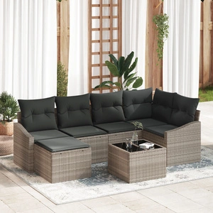 7-частен градински диван комплект от полиратан със сиви възглавници