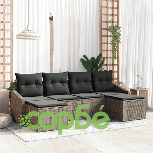 Градински диван комплект от 6 части с възглавници от полиратан в сив цвят ➤ топ цена ➤ sorbe.bg