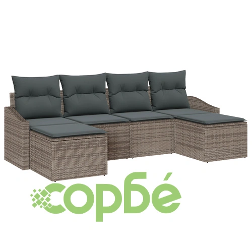 Градински диван комплект от 6 части с възглавници от полиратан в сив цвят ➤ топ цена ➤ sorbe.bg