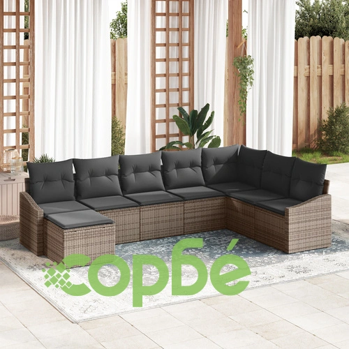 Комплект градински диван от сив полиротан с възглавници - 8 части ➤ топ цена ➤ sorbe.bg