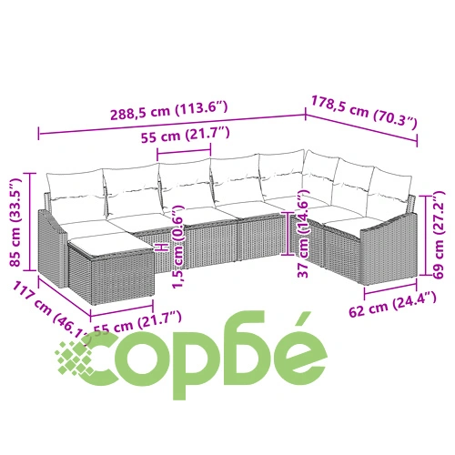 Комплект градински диван от сив полиротан с възглавници - 8 части ➤ топ цена ➤ sorbe.bg