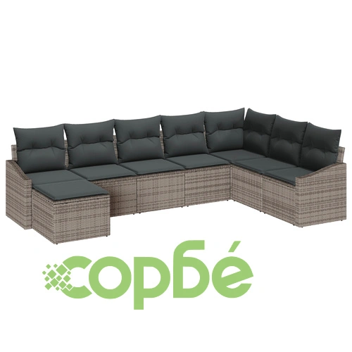 Комплект градински диван от сив полиротан с възглавници - 8 части ➤ топ цена ➤ sorbe.bg