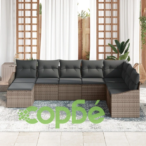 Комплект градински диван от сив полиротан с възглавници - 8 части ➤ топ цена ➤ sorbe.bg