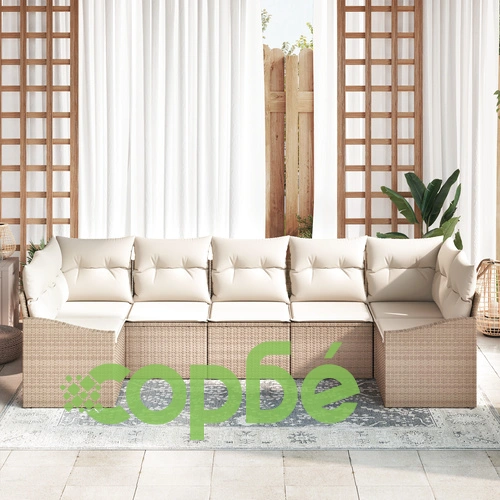 Комплект градински диван от полиратан с 7 части и възглавници в бежов цвят ➤ топ цена ➤ sorbe.bg