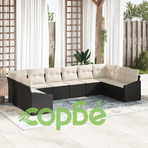 10 Части Градински Диван Комплект с Възглавници от Черен Полимерен Ратан ➤ топ цена ➤ sorbe.bg