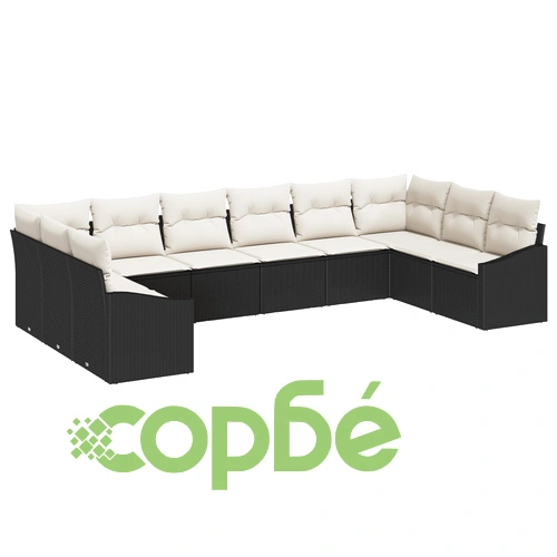 10 Части Градински Диван Комплект с Възглавници от Черен Полимерен Ратан ➤ топ цена ➤ sorbe.bg