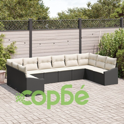 10 Части Градински Диван Комплект с Възглавници от Черен Полимерен Ратан ➤ топ цена ➤ sorbe.bg