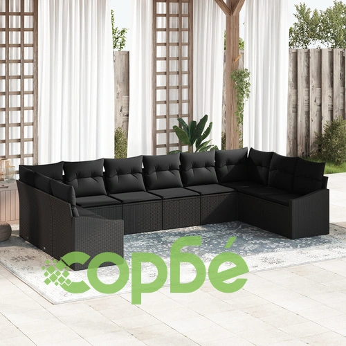 10-Часов Градински Диван Комплект от Полиратан с Възглавници, Черен, за 10 Души ➤ топ цена ➤ sorbe.bg