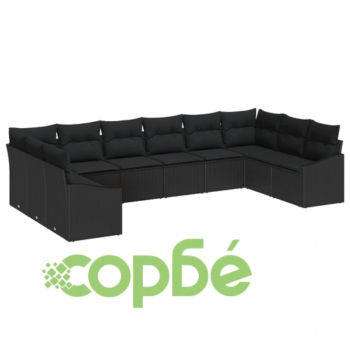 10-Часов Градински Диван Комплект от Полиратан с Възглавници, Черен, за 10 Души ➤ топ цена ➤ sorbe.bg