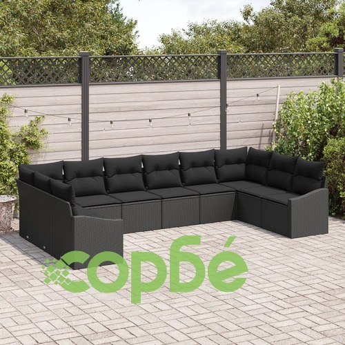 10-Часов Градински Диван Комплект от Полиратан с Възглавници, Черен, за 10 Души ➤ топ цена ➤ sorbe.bg