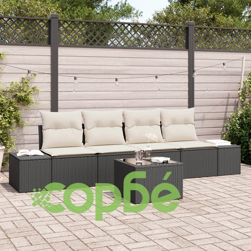 5-Членен Комплект Градински Дивани с Възглавници от Черен Полиратан ➤ топ цена ➤ sorbe.bg