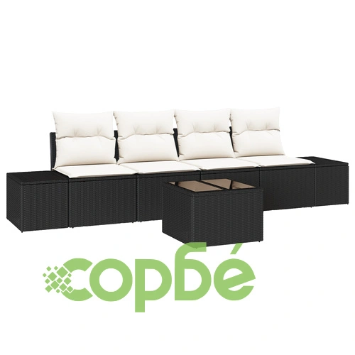 5-Членен Комплект Градински Дивани с Възглавници от Черен Полиратан ➤ топ цена ➤ sorbe.bg