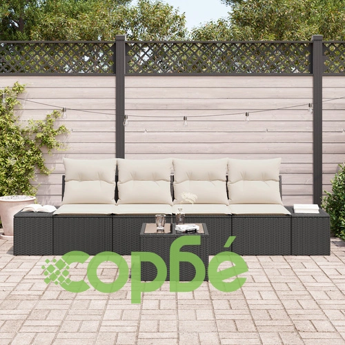 5-Членен Комплект Градински Дивани с Възглавници от Черен Полиратан ➤ топ цена ➤ sorbe.bg