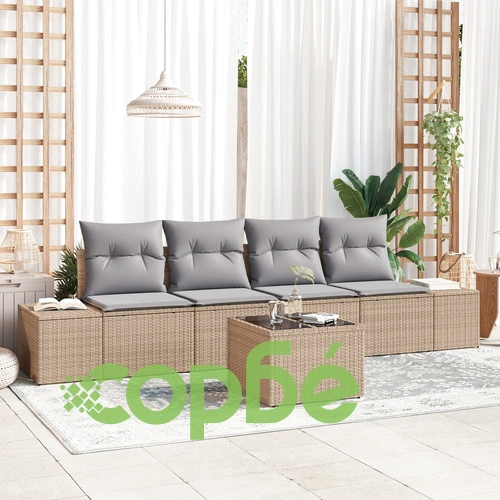 5-Частен Градински Диван Комплект от Полиратан с Възглавници, Бежов ➤ топ цена ➤ sorbe.bg