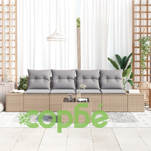 5-Частен Градински Диван Комплект от Полиратан с Възглавници, Бежов ➤ топ цена ➤ sorbe.bg