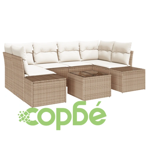 7-частен градински комплект от полиратан с възглавници - бежов ➤ топ цена ➤ sorbe.bg