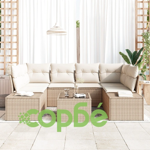 7-частен градински комплект от полиратан с възглавници - бежов ➤ топ цена ➤ sorbe.bg