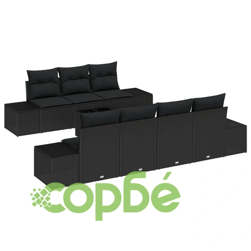 Комплект градински диван от полиратан - 8 части с възглавници, черен ➤ топ цена ➤ sorbe.bg
