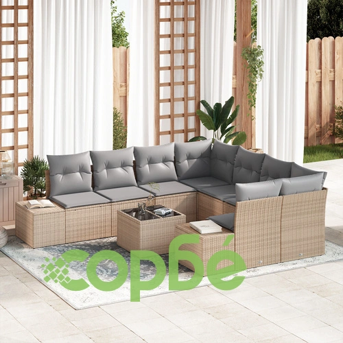 9-Частен Градински Диван Комплект с Възглавници от Бежов Полиратан ➤ топ цена ➤ sorbe.bg