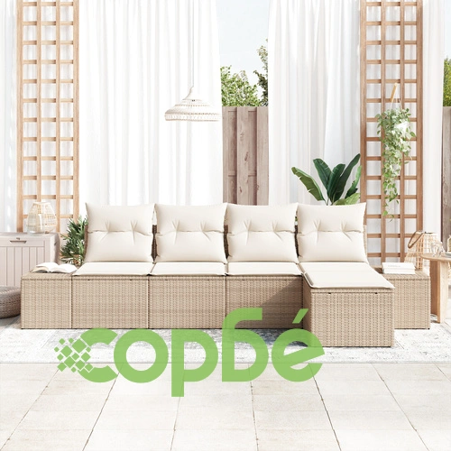 Комплект градински диван от 5 части с възглавници от поли ратан - Бежов ➤ топ цена ➤ sorbe.bg