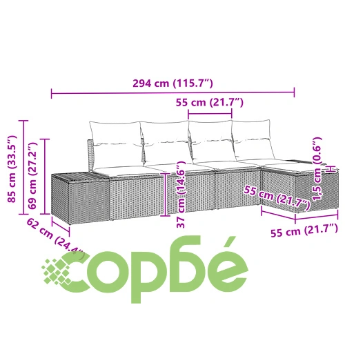 Комплект градински диван от 5 части с възглавници от поли ратан - Бежов ➤ топ цена ➤ sorbe.bg